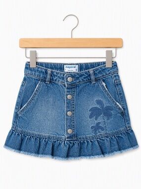 Mayoral Kids Tropical Palm Tree Ruffle Denim Mini Skirt Coastal Reserve Boho 5Y